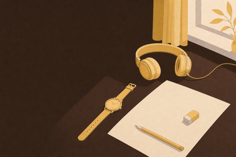 Illustration: Kopfhörer, Armbanduhr und Bleistift auf einem leeren Blatt an einem Prüfungstisch