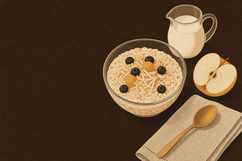 Gezeichnete Glasschale mit Bircher Müsli, Beeren, Milchkännchen und halbiertem Apfel