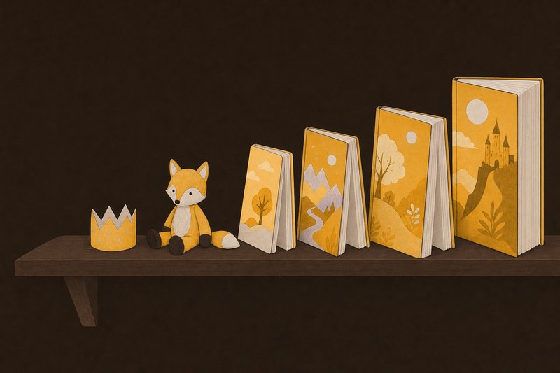 Gezeichnetes Regal mit aufgestellten Kinderbüchern, einem Stofffuchs und einer Papierkrone