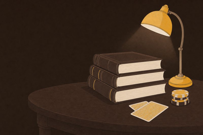 Illustration: drei Bücher, ein Stapel Pokerchips und zwei verdeckte Spielkarten unter einer Leselampe